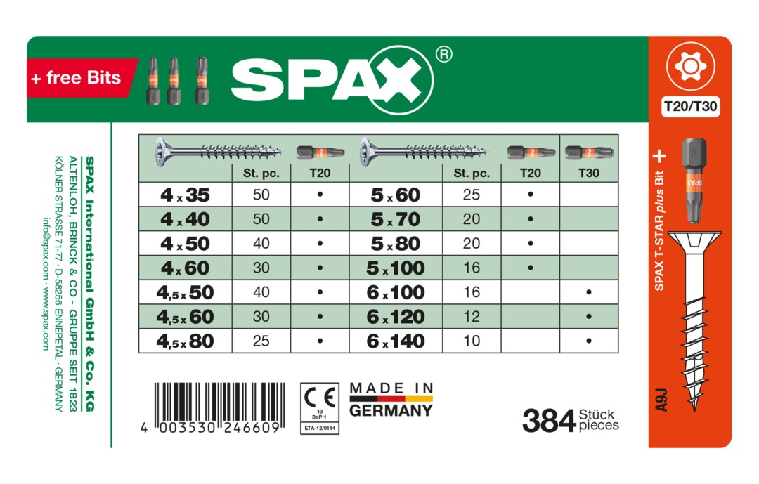 SPAX gama maletín, Kit de tornillos con 14 dimensiones, 384 unidades + 3 bits, Cabeza plana, T-STAR plus, WIROX
