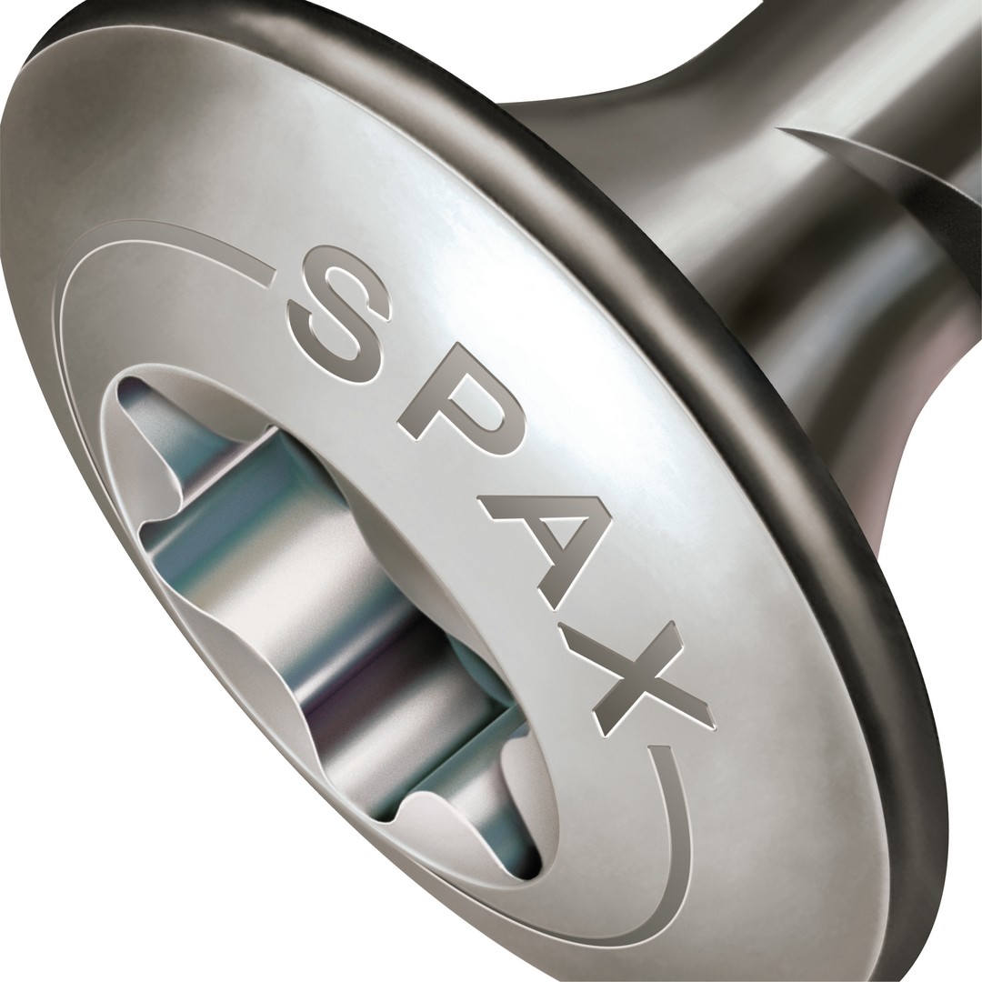 SPAX Tornillo para terraza Bold, 5 x 56 mm, 200 unidades, Rosca de fijación, Cabeza decorativa, T-STAR plus T20, 4CUT, Acero inoxidable A2