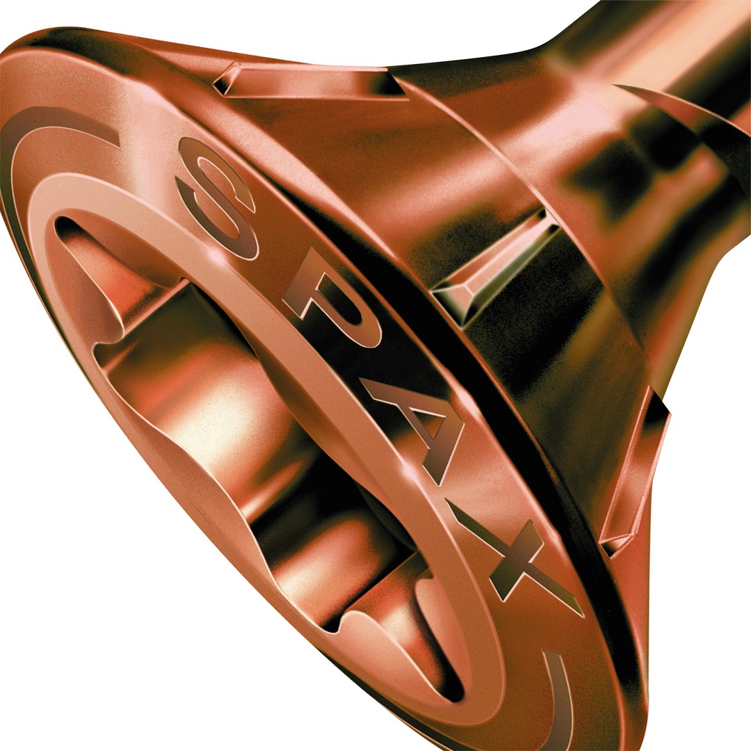 SPAX Tornillo para fachadas, 4,5 x 43 mm, 500 unidades, Rosca de fijación, Cabeza gota de sebo, T-STAR plus T20, 4CUT, Acero inoxidable A2 acabado bronce