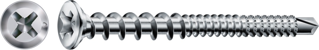 Tornillo para herrajes FEX, WIROX | Cabeza plana, Ranura en cruz H, Rosca combinada, Acero, Punta perforadora