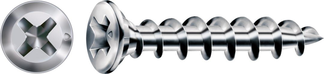 Tornillo para herrajes FEX, WIROX | Cabeza plana, Ranura en cruz H, Rosca especial, Acero, Punta perforadora