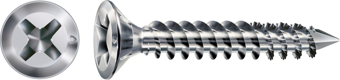 Tornillo para herrajes FEX, WIROX | Cabeza plana, Ranura en cruz H, Rosca de doble plomo, Acero, CUT