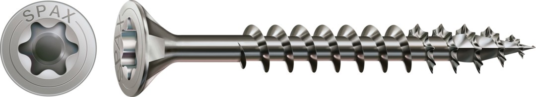 SPAX Tornillo de acero inoxidable, 4 x 60 mm, 100 unidades, Rosca completa, Cabeza plana, T-STAR plus T20, 4CUT, Acero inoxidable A2