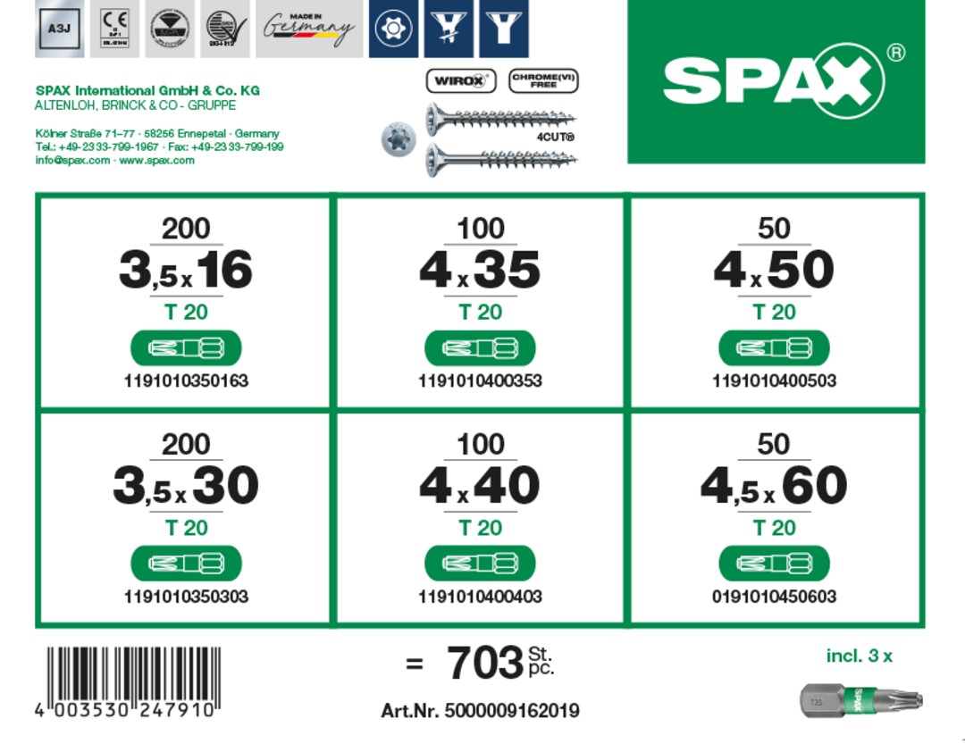 SPAX Maleta de montaje L-BOXX Mini, 1 unidad, Kit de tornillos con 6 dimensiones, Cabeza plana, T-STAR plus, 4CUT, WIROX