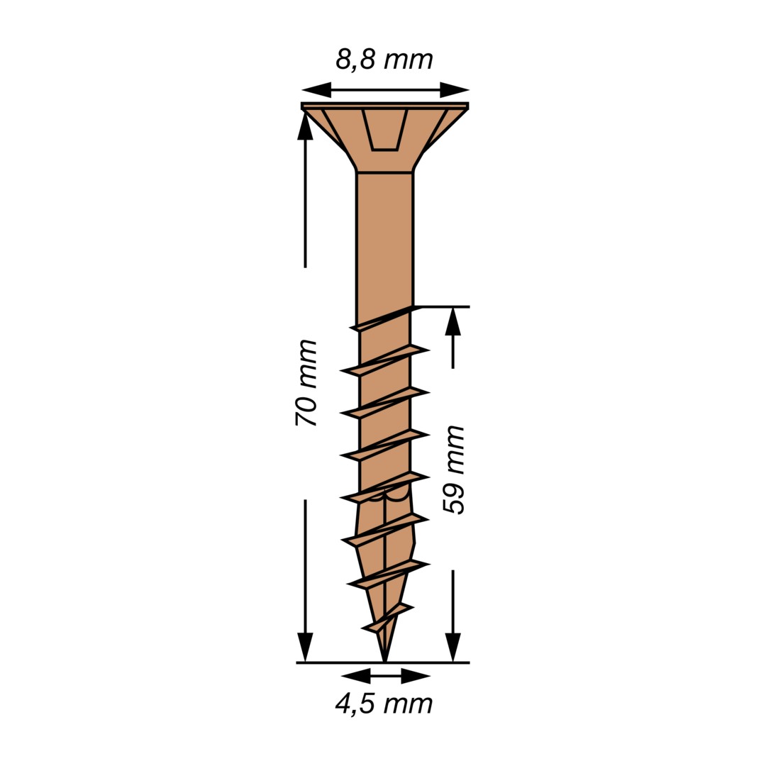SPAX Tornillo universal, 4,5 x 70 mm, 12 unidades, Rosca parcial, Cabeza plana, Ranura en cruz Z2, 4CUT, bronce