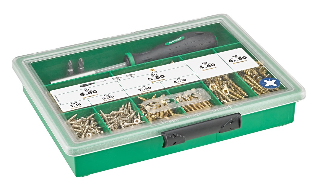 SPAX gama grande, Kit de tornillos con 8 dimensiones + Atornillador + BITs, 630 unidades, Cabeza plana, Ranura en cruz Z, YELLOX