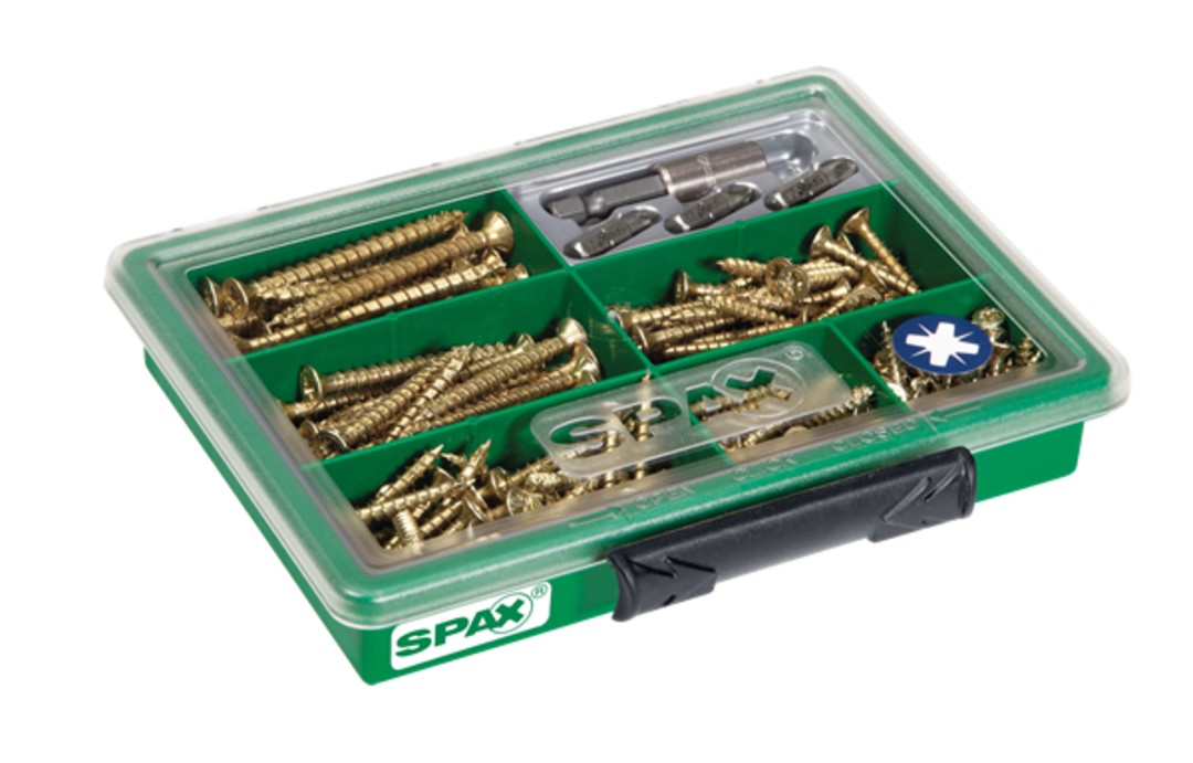 SPAX gama pequeña, Kit de tornillos con 6 dimensiones + BITs, 199 unidades, Cabeza plana, Ranura en cruz Z, YELLOX