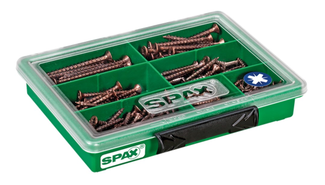 SPAX gama maletín pequeño, Kit de tornillos con 7 dimensiones, 245 unidades, Cabeza plana, Ranura en cruz Z, bronce