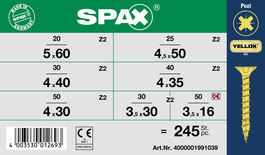 SPAX gama pequeña, Kit de tornillos con 7 dimensiones, 245 unidades, Cabeza plana, Ranura en cruz Z, YELLOX