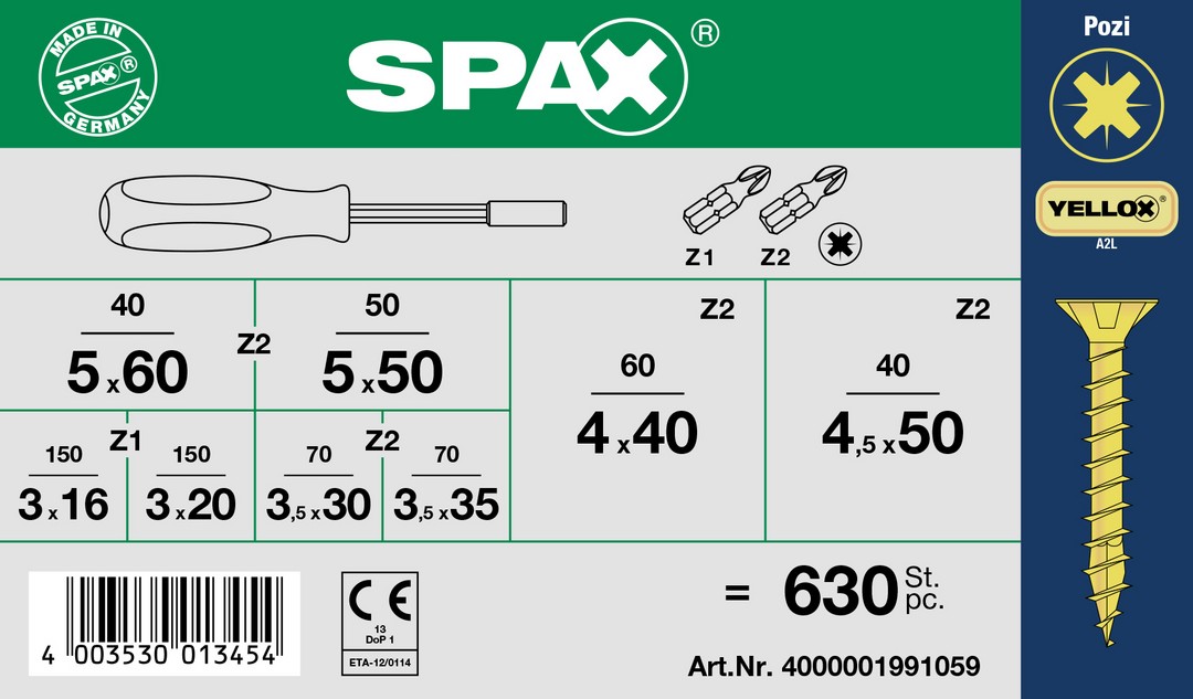 SPAX gama grande, Kit de tornillos con 8 dimensiones + Atornillador + BITs, 630 unidades, Cabeza plana, Ranura en cruz Z, YELLOX
