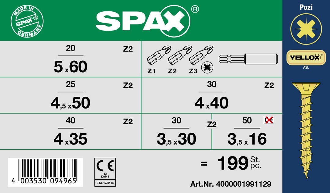 SPAX gama pequeña, Kit de tornillos con 6 dimensiones + BITs, 199 unidades, Cabeza plana, Ranura en cruz Z, YELLOX