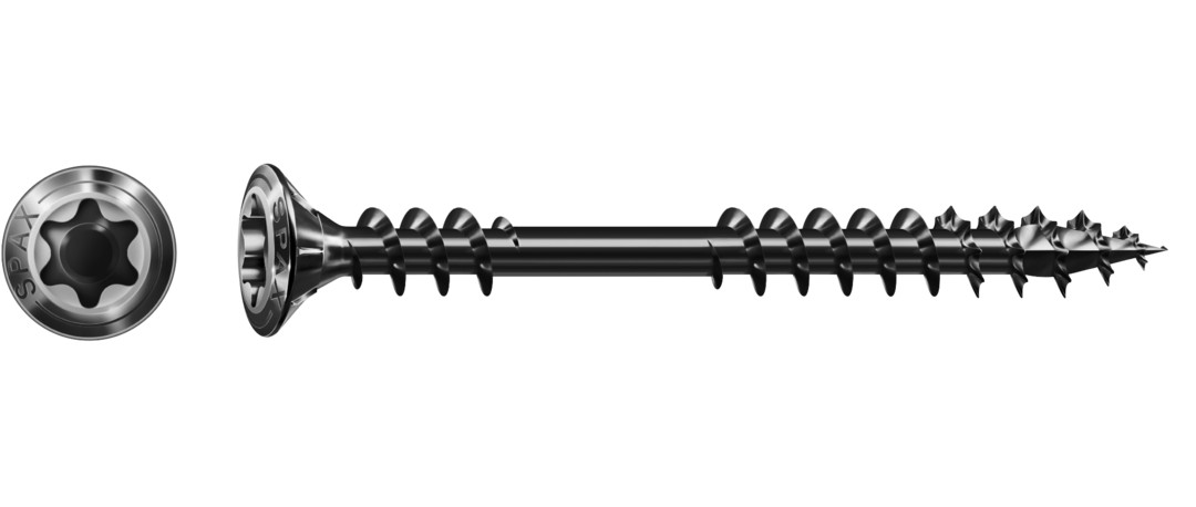 SPAX para fachadas, negro BLAX | Cabeza gota de sebo, T-STAR plus, Rosca de fijación, Acero inoxidable A2, 4CUT