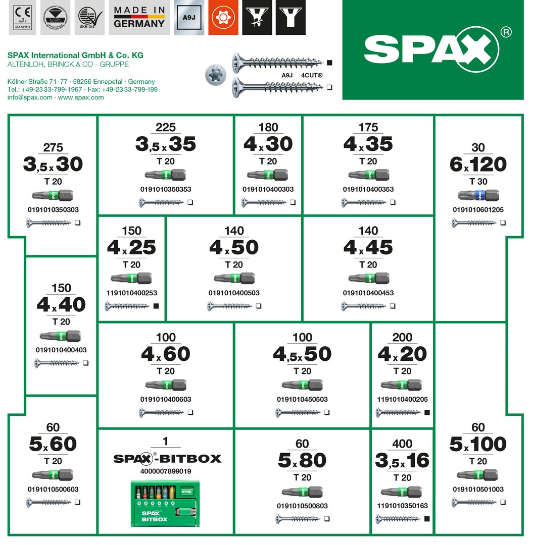 SPAX Maleta de montaje L-BOXX, 1 unidad, Kit de tornillos con 16 dimensiones, Cabeza plana, T-STAR plus, 4CUT, WIROX
