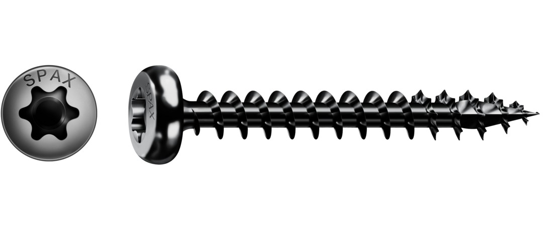 Tornillo universal SPAX, negro BLAX | Cabeza redonda, T-STAR plus, Rosca completa, Acero, 4CUT