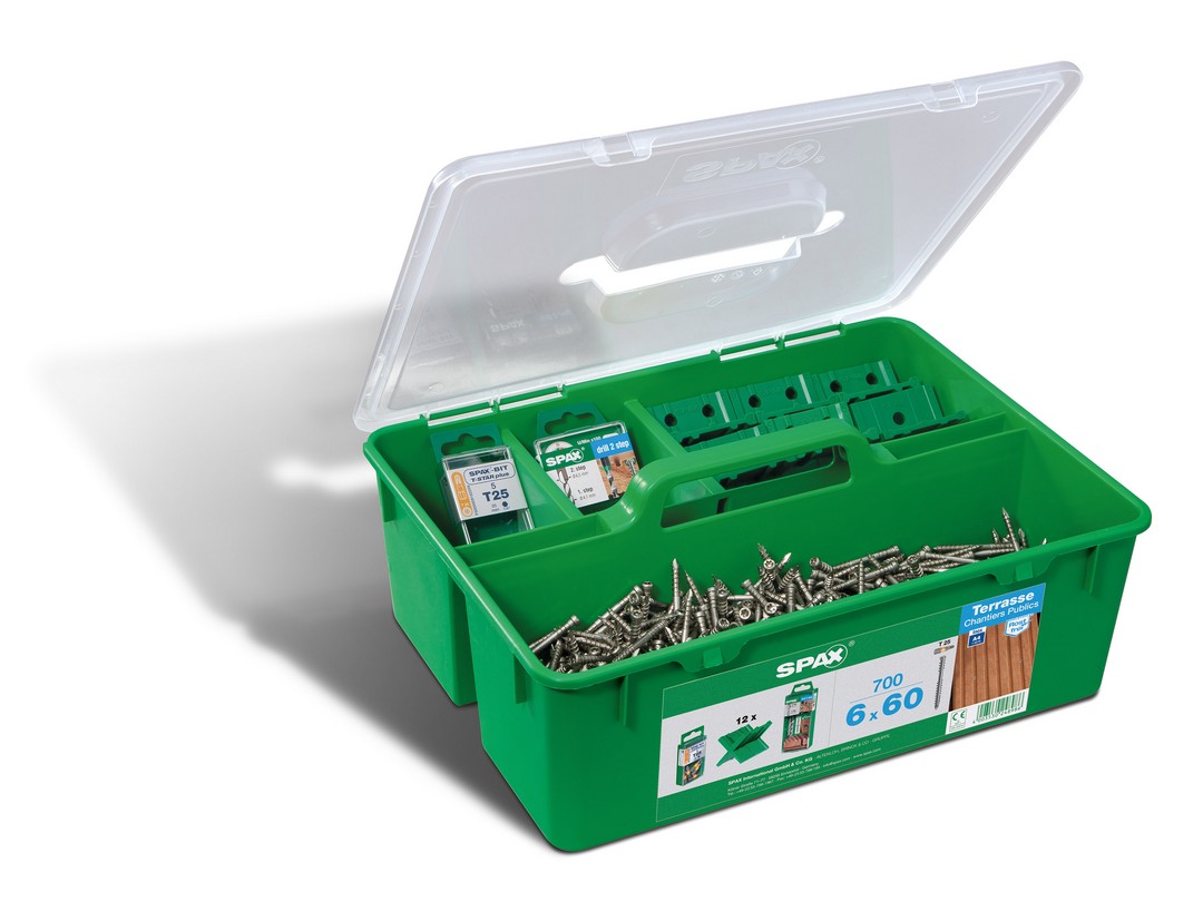 SPAX GREEN Box para terrazas de madera, Set profesional para terraza mit SPAX Cabeza cilíndrica 6 x 60 mm, 700 unidades, Edelstahl A2