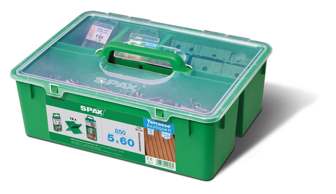 SPAX GREEN Box para terrazas de madera, Set profesional para terraza mit SPAX Cabeza cilíndrica 5 x 60 mm, 850 unidades, Edelstahl A2