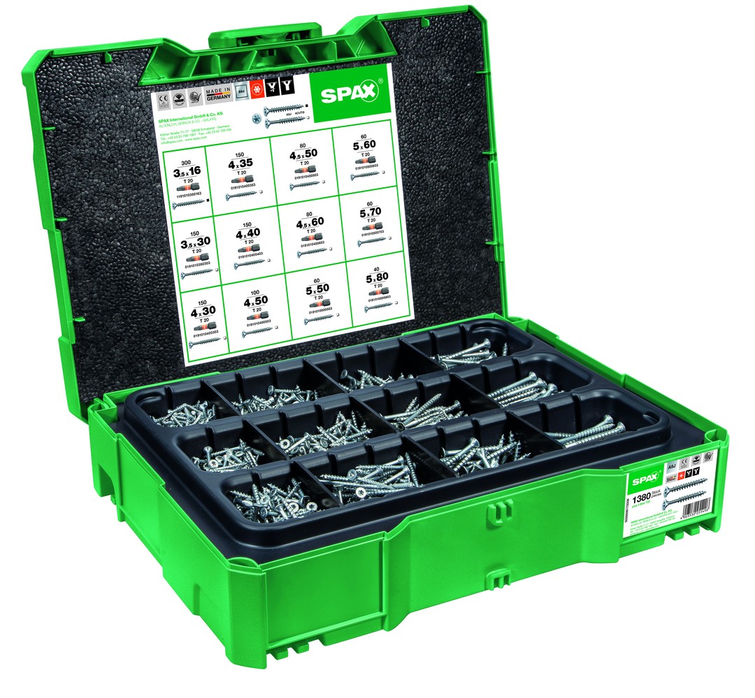 SPAX Box systainer T-Loc I, Kit de tornillos con 12 dimensiones, Cabeza plana, T-STAR plus, 4CUT, WIROX