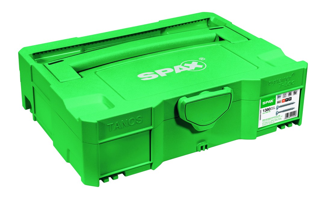 SPAX Box systainer T-Loc I, Kit de tornillos con 12 dimensiones, Cabeza plana, T-STAR plus, 4CUT, WIROX