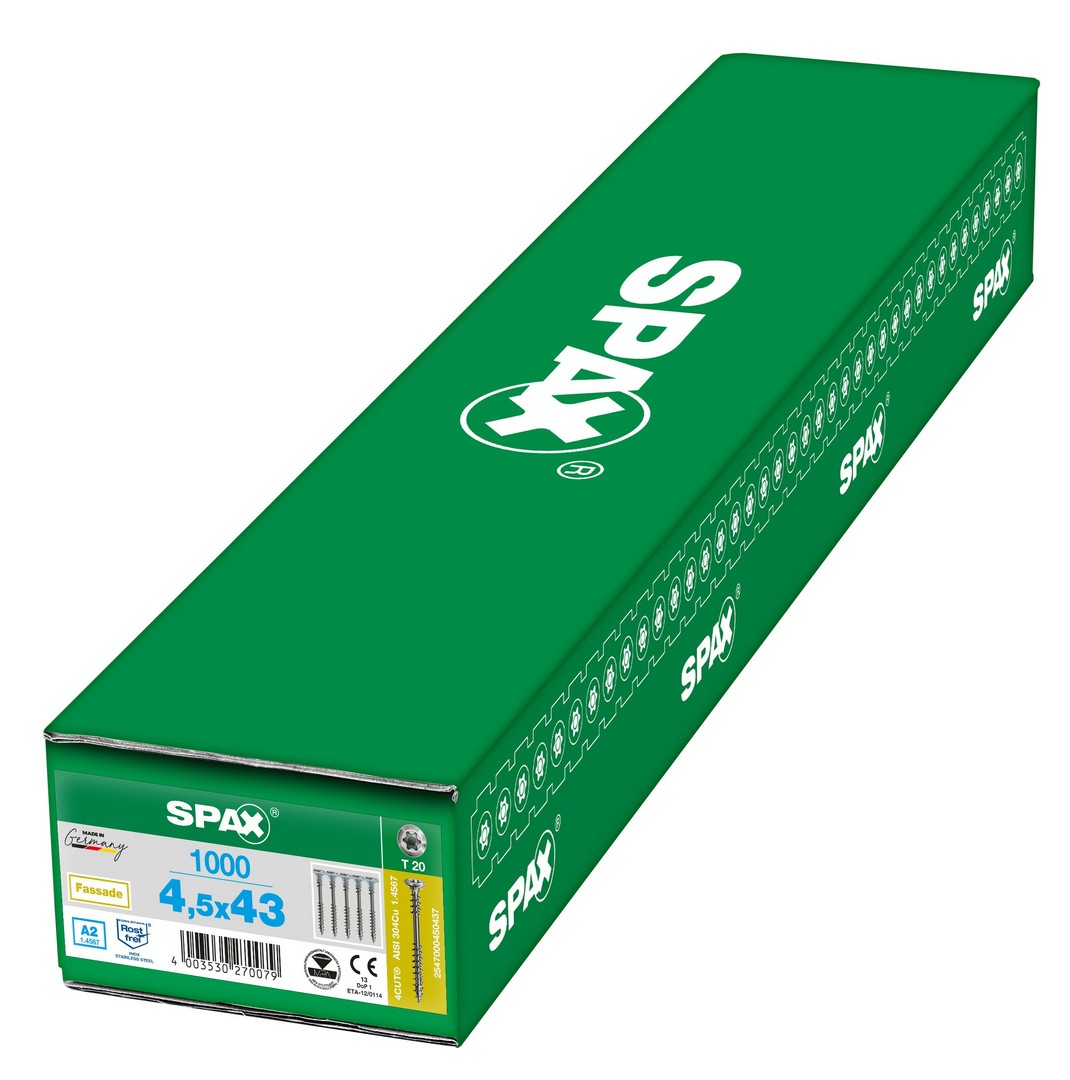SPAX Tornillo para fachadas, Rosca de fijación, Cabeza gota de sebo, T-STAR plus, 4CUT, Acero inoxidable A2, 4.5 x 43 mm, 1000 uds