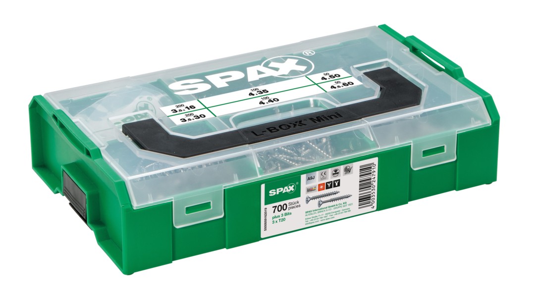 SPAX Maleta de montaje L-BOXX Mini, 1 unidad, Kit de tornillos con 6 dimensiones, Cabeza plana, T-STAR plus, 4CUT, WIROX