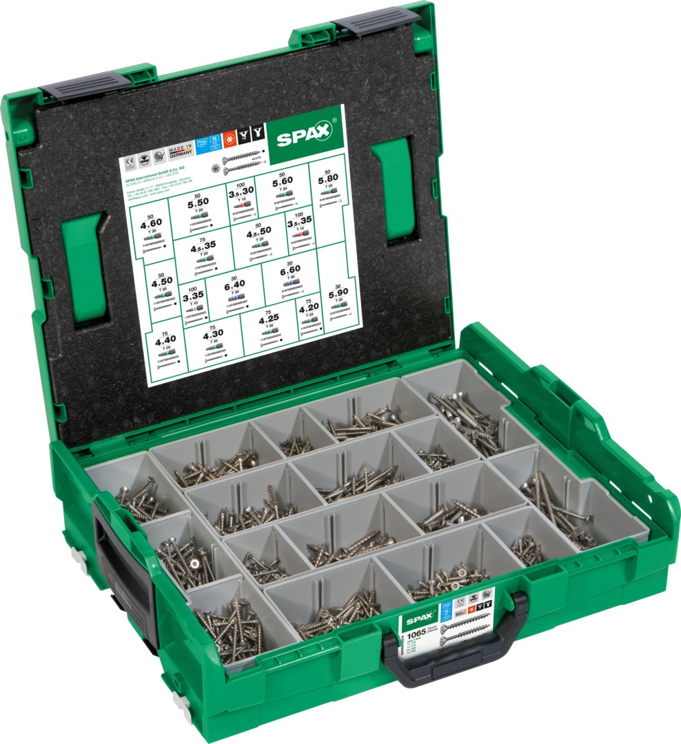 SPAX Maleta de montaje L-BOXX, 1 unidad, Kit de tornillos con 17 dimensiones, Cabeza plana, T-STAR plus, 4CUT, Edelstahl A2