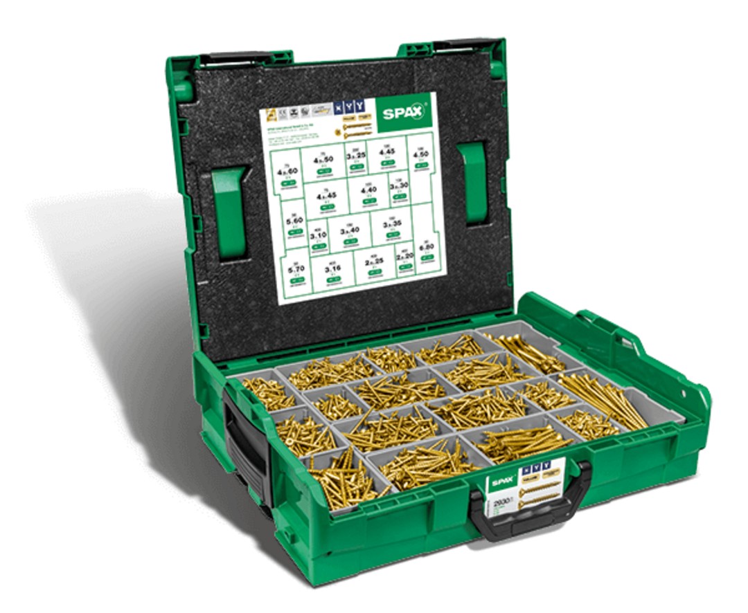 SPAX Maleta de montaje L-BOXX, 1 unidad, Kit de tornillos con 17 dimensiones, Cabeza plana, Ranura en cruz Z, 4CUT, YELLOX