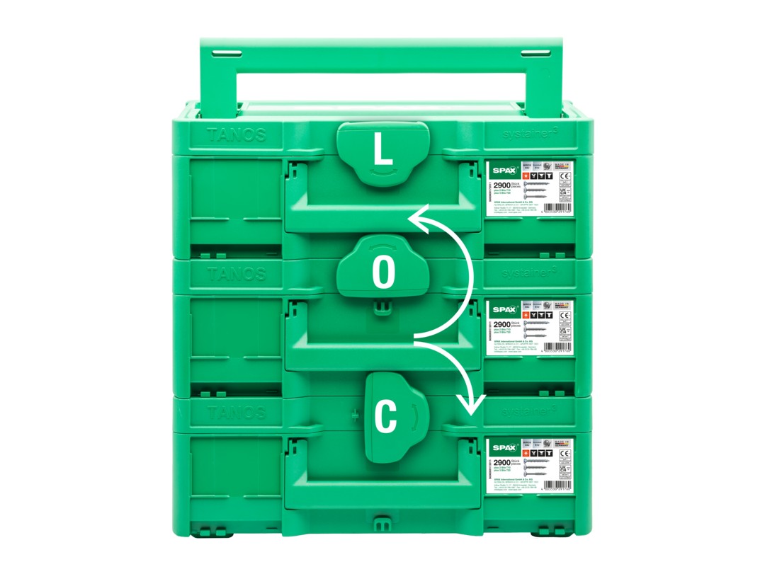 SPAX Box Systainer³ Construcción de muebles T-Loc, Kit de tornillos con 12 dimensiones, Cabeza plana, 2900 UD./5 bits, T-STAR plus, 4CUT, WIROX