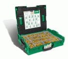 SPAX Maleta de montaje L-BOXX, 1 unidad, Kit de tornillos con 17 dimensiones, Cabeza plana, Ranura en cruz Z, 4CUT, YELLOX