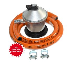 Kit regulador de gas butano con válvula de seguridad + tubo 1,5 metros + 2 abrazaderas