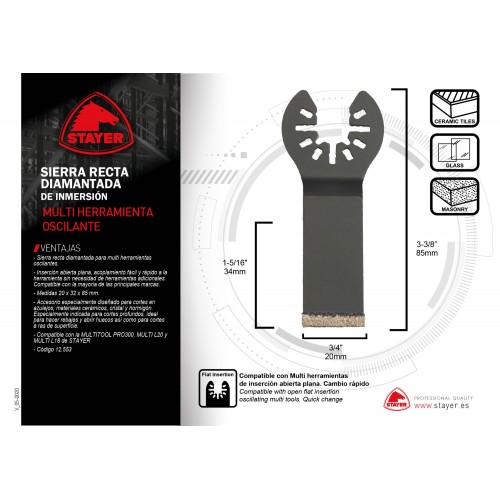 Sierra recta de inmersión diamantada PROFESIONAL para alicatados 20 x 90 mm para la MULTITOOL PRO 300