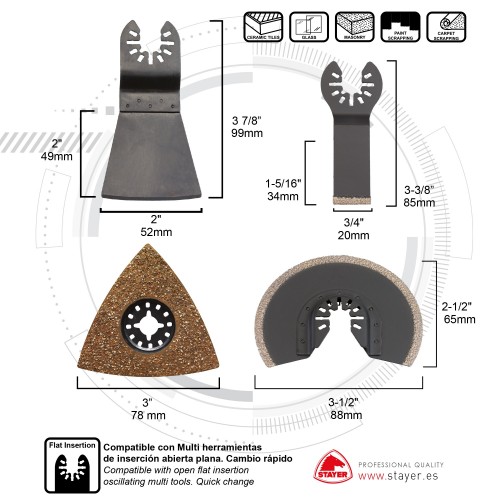 Set de alicatado PROFESIONAL (4 unds): Sierra recta de inmersión diamantada, sierra semicircular diamantada, plato para lijar diamantado y espátula para la MULTITOOL PRO 300