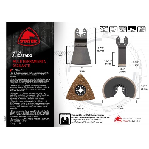 Set de alicatado PROFESIONAL (4 unds): Sierra recta de inmersión diamantada, sierra semicircular diamantada, plato para lijar diamantado y espátula para la MULTITOOL PRO 300