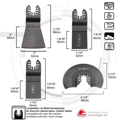 Set para madera y pladur PROFESIOAL (4 unds): Sierra recta de inmersión HCS/BIM, sierra semicircular HCS y espátula.