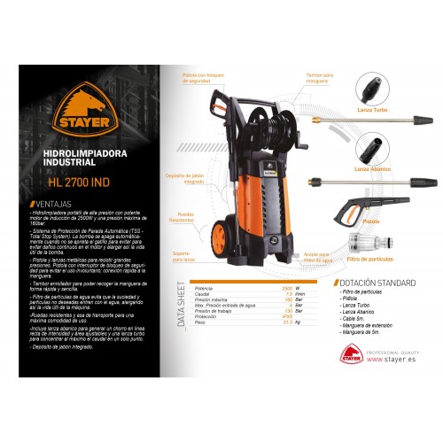 Hidrolimpiadora industrial con 2500W y motor de inducción, HL 2700 IND