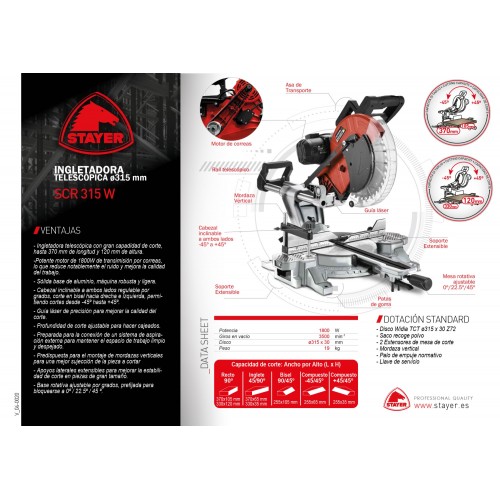 Ingletadora Telescópica PROFESIONAL de Ø315 mm con transmisión por correas (silenciosa) SCR 315 W
