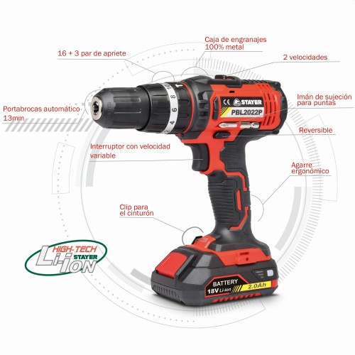 Taladro atornillador percutor a batería 18V, 2 Bat. 2.0Ah PROFESIONAL, con 3 funciones PBL 2022 PK