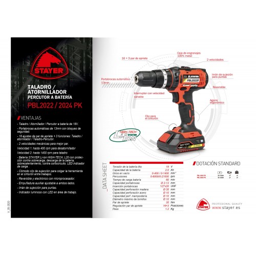 Taladro atornillador percutor a batería 18V, 2 Bat. 2.0Ah PROFESIONAL, con 3 funciones PBL 2022 PK