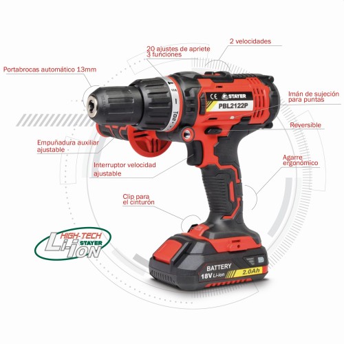 Taladro atornillador percutor a batería 18V, 3 Bat. 2.0Ah PROFESIONAL, con 3 funciones PBL 2122 P3IK