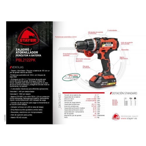 Taladro atornillador percutor a batería 18V, 3 Bat. 2.0Ah PROFESIONAL, con 3 funciones PBL 2122 P3IK