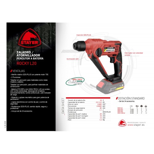 Martillo Rotativo a batería 18V PROFESIONAL ROCKY L2014 + Batería 4.0Ah + cargador + Bosa de transporte