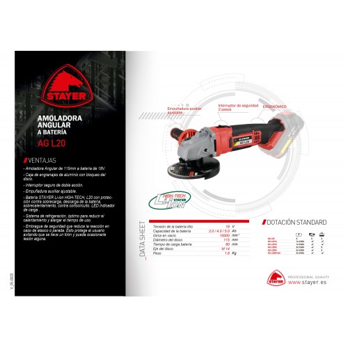Amoladora angular PROFESIONAL Ø115mm a batería AG L2025 SET