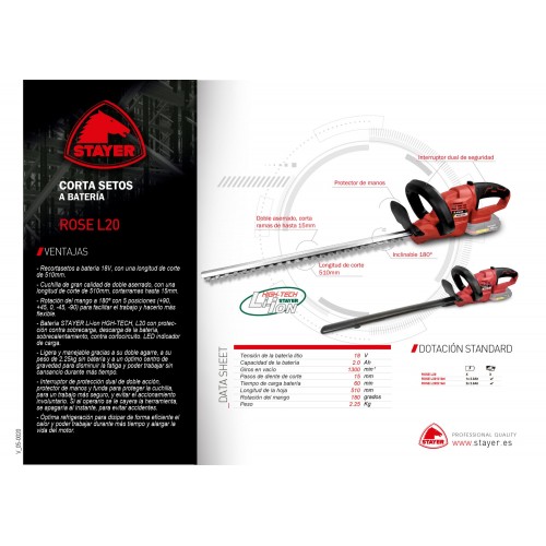 Corta setos PROFESIONAL a batería 18V, ROSE L2022 SET
