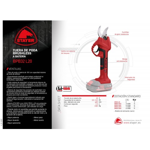 Tijera de Poda PROFESIONAL a Batería de 18V, con motor BRUSHLESS, BPB32 L2012 Set