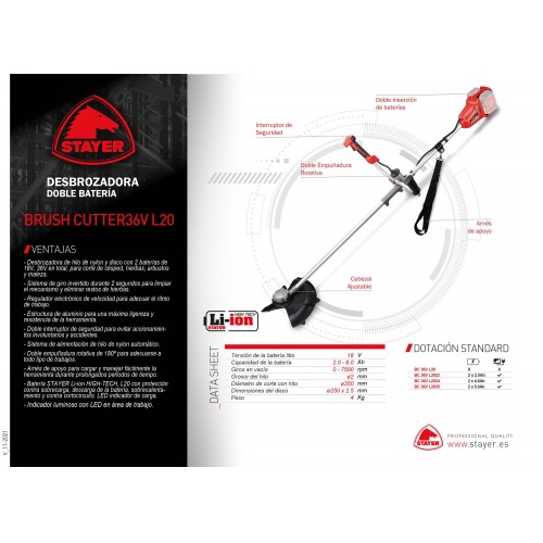 Desbrozadora a batería 36V con motor BRUSHLESS, BRUSH CUTTER 36V L2022. Incluye: 2 Bat. 2Ah. + Cargador.