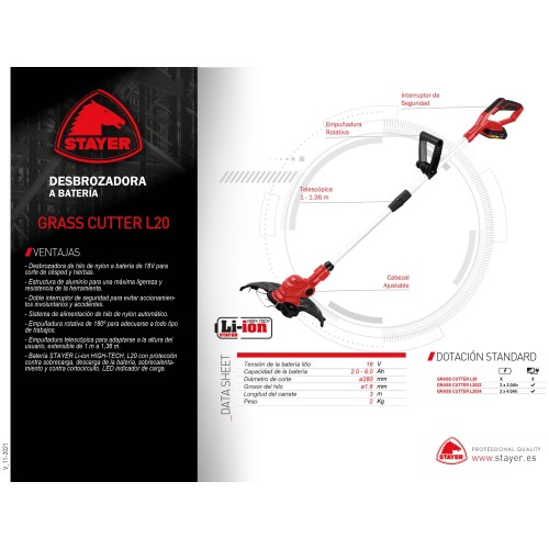 Desbrozadora a Batería 18V, GRASS CUTTER L21. Incluye 2 Bat. 4Ah + Cargador + Bolsa de transporte.