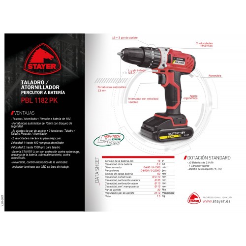 Taladro Percutor / Atornillador a batería de 18 V, PBL 1182 PK