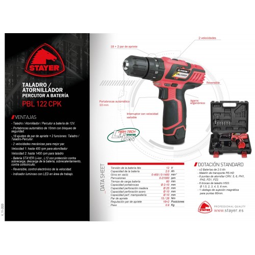 Taladro percutor / Atornillador PROFESIONAL a batería 12V, con maletin, PBL 122 CPK