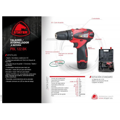 Taladro Atornillador a batería de 12V, reversible y electrónico, PBL 122 BK