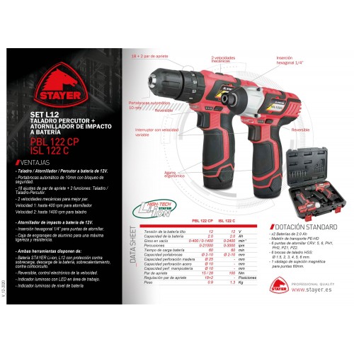 Set PROFESIONAL: Taladro percutor / Atornillador PBL 122 CP + Atornillador de impacto ISL 122 C, INCLUYE: Maletín con brocas y llaves.