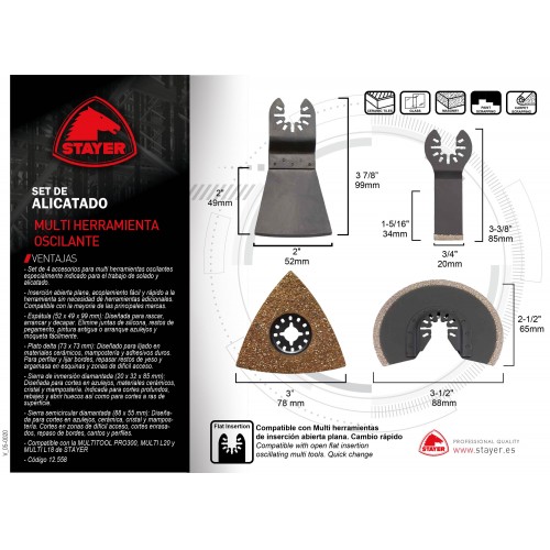 Set de alicatado PROFESIONAL (4 unds): Sierra recta de inmersión diamantada, sierra semicircular diamantada, plato para lijar diamantado y espátula para la MULTITOOL PRO 300